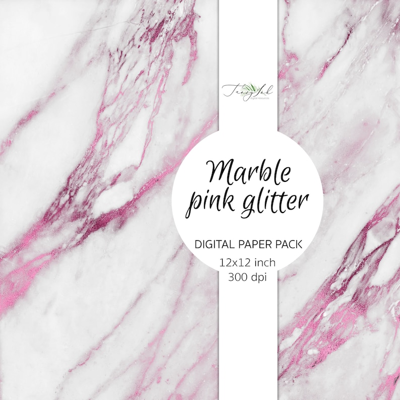 May include: Digital paper pack with a marble pattern in white and pink glitter. The pack includes 12x12 inch images at 300 dpi.