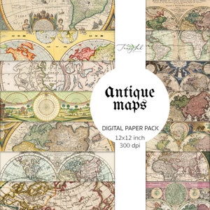 Mapas antiguos papel digital, mapas antiguos, papel antiguo, mapas del mundo vintage, papel efímera, mapas de viaje, fondo vintage, diario basura