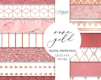 Rose gold digital paper, rose gold glitter, metallic rose gold, copper paper, art deco pattern, rose gold background, scrapbooking paper,