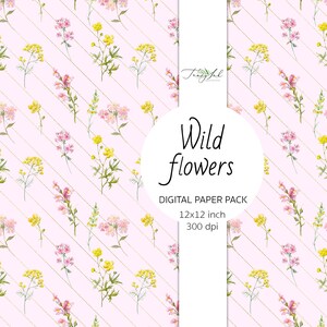 May include: A digital paper pack with a pink background and a pattern of yellow and pink wildflowers. The text "Wild flowers" is in a white circle with a gold outline. The text "Digital Paper Pack 12x12 inch 300 dpi" is below the circle.