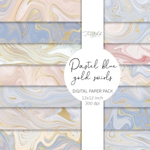 May include: Digital paper pack with 8 pastel blue and pink marble patterns with gold swirls. Each pattern is 12x12 inches and 300 dpi.