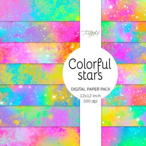 May include: A digital paper pack with 8 colorful galaxy backgrounds featuring stars and glitter. The pack is 12x12 inches and 300 dpi.