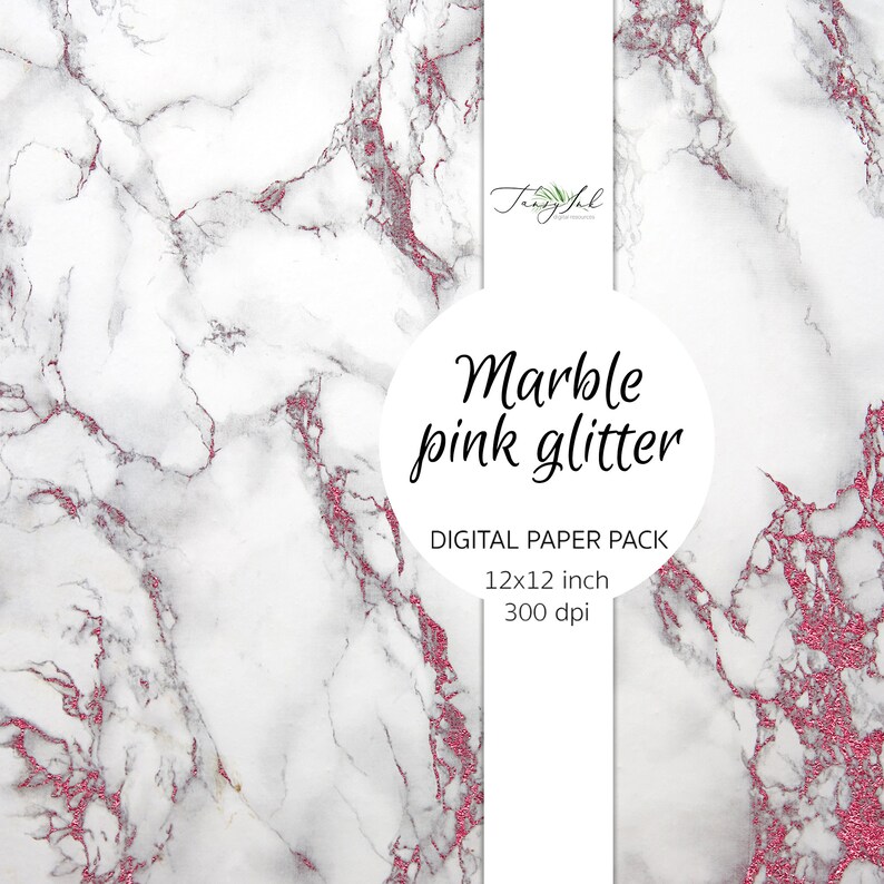 May include: Digital paper pack with a marble pattern and pink glitter. The pack includes 12x12 inch images at 300 dpi.