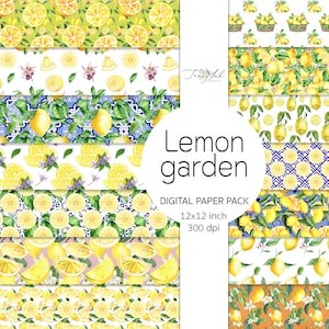 Lemon garden seamless digitales Papier, Zitrus Tapete, grüne Zitrusblätter, druckbares Papier, spanisch blaue Fliese, Limonade Hintergrund