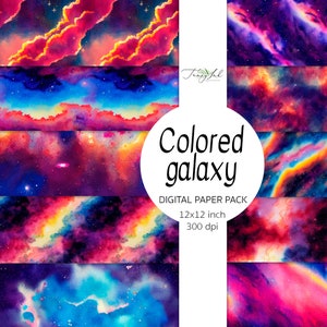Colored galaxy digital paper, seamless paper, night sky background, stars paper, rainbow scrapbook, cosmic galaxy, planner sticker,