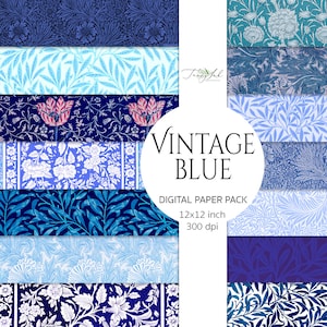 Carta digitale blu vintage, carta fiori blu, fiori vintage, vecchia trama di carta, scrapbook cineseria, giornale spazzatura, william morris