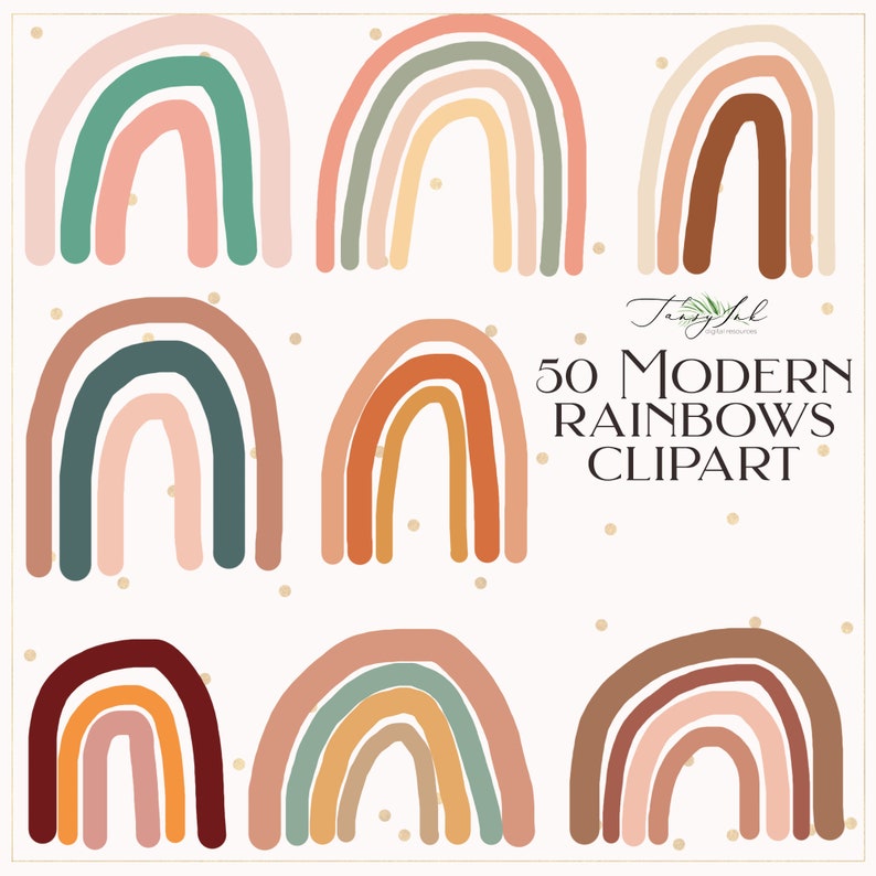 May include: Set of nine modern rainbow illustrations in various colour combinations. The rainbows are drawn in a simple, hand-drawn style with rounded edges. The background is a light beige with small white dots.