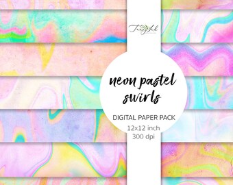 Neon pastel swirls digital paper, pastel gradient texture, neon watercolor swirls, ombre background, watercolor scrapbooking, pink paper