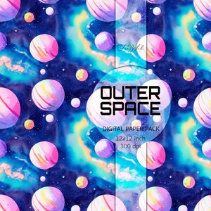 May include: A digital paper pack with a watercolor outer space theme. The design features planets, stars, and a galaxy background. The text "Outer Space" is in a white box with a black outline. The text "Digital Paper Pack" is below the title. The text "12x12 inch 300 dpi" is below the text "Digital Paper Pack".