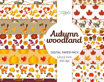 Autumn woodland digital paper, fall paper, autumn flower pattern, autumn background, thanksgiving scrapbooking, fall leaves, autumn leaves