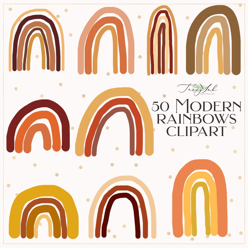 May include: Set of 50 modern rainbow clipart images in various shades of brown, orange, red, and yellow. The rainbows are all in a similar style, with rounded edges and a slightly curved shape.