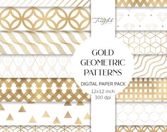 Gold geometric pattern digital paper, stripes pattern paper, white gold paper, geometric paper, stripes paper, scrapbook paper,