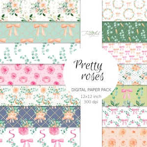 Hübsche Rosen digitales Papier, nahtloses Papier, rosa Bögen, rosa Rosen Papier, erröten Blumen, rosa Tapete, Aquarell Rosen, Eukalyptus Blätter