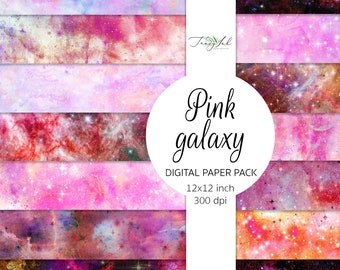 Pink galaxy digital paper, sky background, cosmic galaxy planner sticker, universe stars, pastel pink galaxy, galactic scrapbook paper