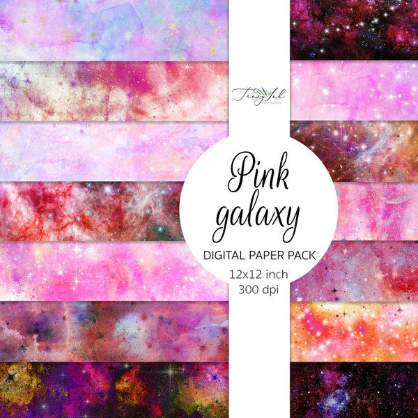 Pink galaxy digital paper, sky background, cosmic galaxy planner sticker, universe stars, pastel pink galaxy, galactic scrapbook paper