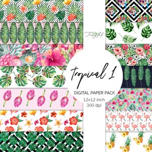 Tropische digitales Papier 1, tropischen Hintergrund, Palmblätter, tropische Hochzeit, tropische Tapete, Sommerblumen, Monstera Blatt, Flamingo