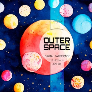 May include: Watercolor digital paper pack with a space theme. The background is a dark blue with gold glitter. There are planets in various colors, including red, orange, yellow, pink, and blue. The text "OUTER SPACE" is in white with a black outline. The text "DIGITAL PAPER PACK" is in black. The text "12x12 inch" and "300 dpi" are in black.