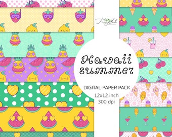 Kawaii summer digital paper, cute summer, seamless pattern, pastel background, summer paper, pineapple wallpaper, watermelon backdrop, pink