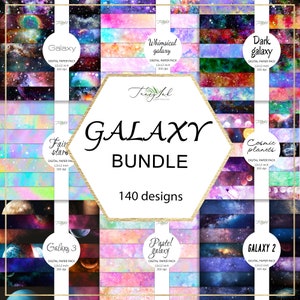 May include: A digital paper pack bundle featuring 140 galaxy-themed designs. The designs include various colors, patterns, and textures, such as dark blue, pink, and purple. The designs are perfect for creating digital projects, such as scrapbooking, card making, and invitations.