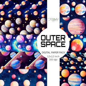 May include: A digital paper pack with six different patterns featuring watercolor illustrations of planets, stars, and galaxies in shades of blue, pink, orange, and yellow. The text "OUTER SPACE" is in the center of the image. The text "DIGITAL PAPER PACK" is below the text "OUTER SPACE". The text "12x12 inch" and "300 dpi" are below the text "DIGITAL PAPER PACK".