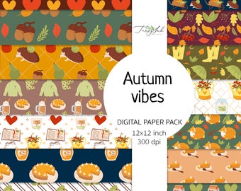 May include: A digital paper pack with 10 autumn-themed patterns. The patterns feature hearts, acorns, hedgehogs, sweaters, coffee cups, pies, pumpkins, foxes, and jars of honey. The text "Autumn vibes" and "Digital Paper Pack 12x12 inch 300 dpi" is included in the image.