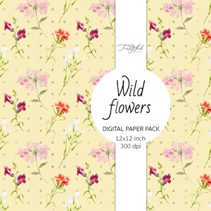 May include: A digital paper pack with a yellow background and a pattern of watercolor wild flowers. The text "Wild flowers" is in a circle in the center of the image. The text "DIGITAL PAPER PACK 12x12 inch 300 dpi" is below the circle.