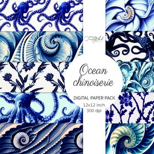 Ocean chinoiserie SEAMLESS papel digital, telón de fondo oriental, papel pintado de pulpo, fondo de concha, digital imprimible, álbum de recortes de toile de mar