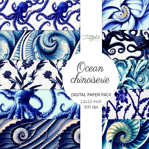 Ocean chinoiserie SEAMLESS digital paper, oriental backdrop, octopus wallpaper, shell background, printable digital, sea toile scrapbooking
