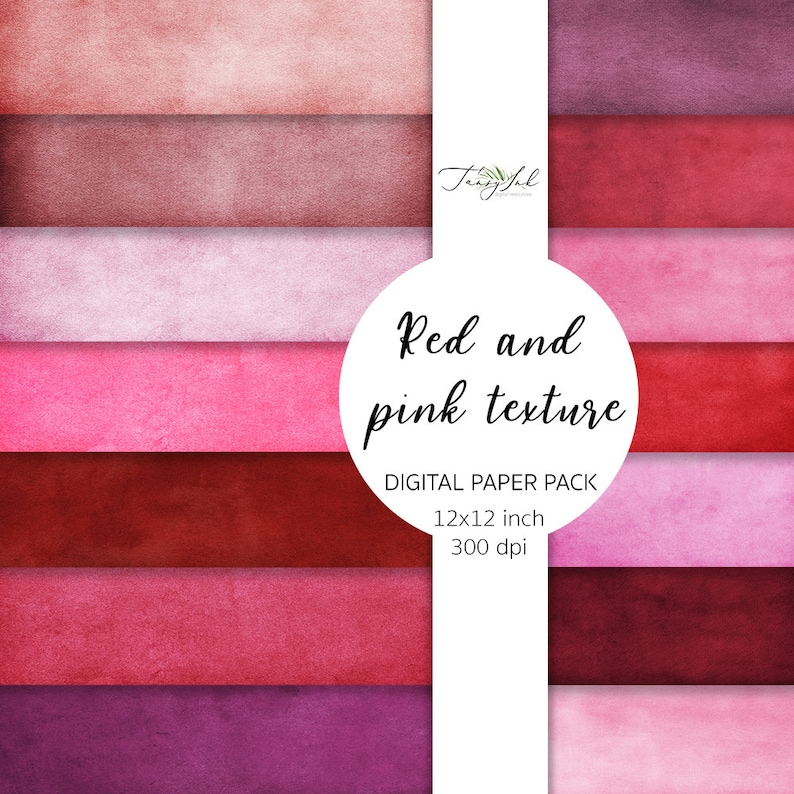 May include: Digital paper pack with 12 red and pink watercolor textures. Each texture is 12x12 inches and 300 dpi.