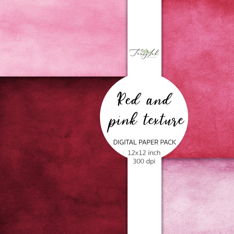 May include: Digital paper pack with four watercolor textures in shades of pink and red. The pack includes 12x12 inch papers at 300 dpi.