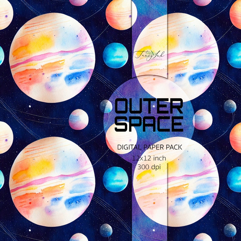 May include: A seamless pattern featuring watercolor planets in shades of pink, orange, yellow, and blue on a dark blue background with white stars and white lines. The text "OUTER SPACE" is in the center of the image. The text "DIGITAL PAPER PACK 12x12 inch 300 dpi" is below the text "OUTER SPACE".