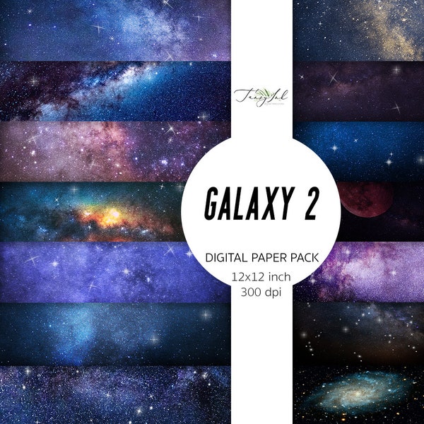 Galaxy digital paper, night sky background, outer space, stars paper, rainbow scrapbook, cosmic galaxy planner sticker, nebula paper, moon