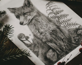 Dreamy Fox - Fuchs - Print - Zeichnung - Graphit-Pencil - Bleistift - Bild - Poster - Illustration - Wald - Natur