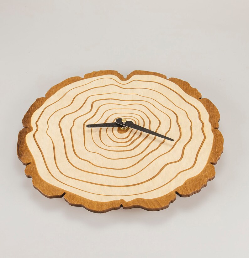 Pu&ograve; includere: Un orologio in legno con un design ad anelli di albero. Il quadrante dell'orologio &egrave; in legno chiaro con bordi marrone scuro. Le lancette dell'orologio sono nere.