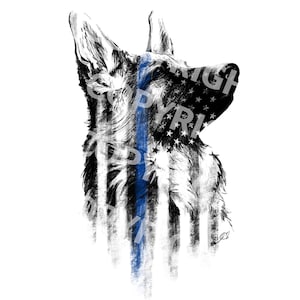 警察の K9 アート、薄い青い線画、ジャーマン シェパード、K9 警察官へのギフト
