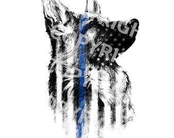 Police K9 Art, Thin Blue Line Art, German Shepherd, K9 Police Officer Gifts