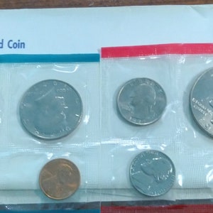 May include: A 1977 U.S. Mint Uncirculated Coin set in a clear plastic sleeve with a red and blue border. The set includes a half dollar, quarter, dime, nickel, and penny.