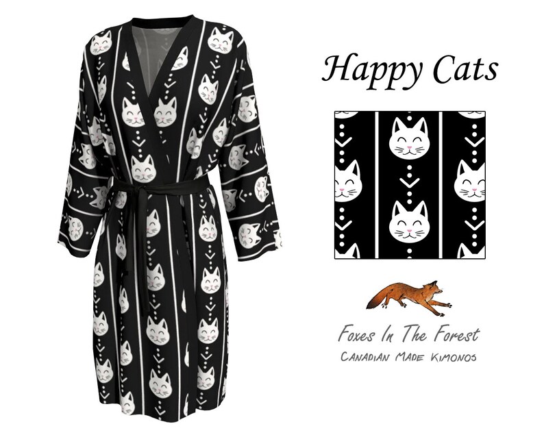 Happy Cats Black Kimono Robe Long Printed Jersey Etsy