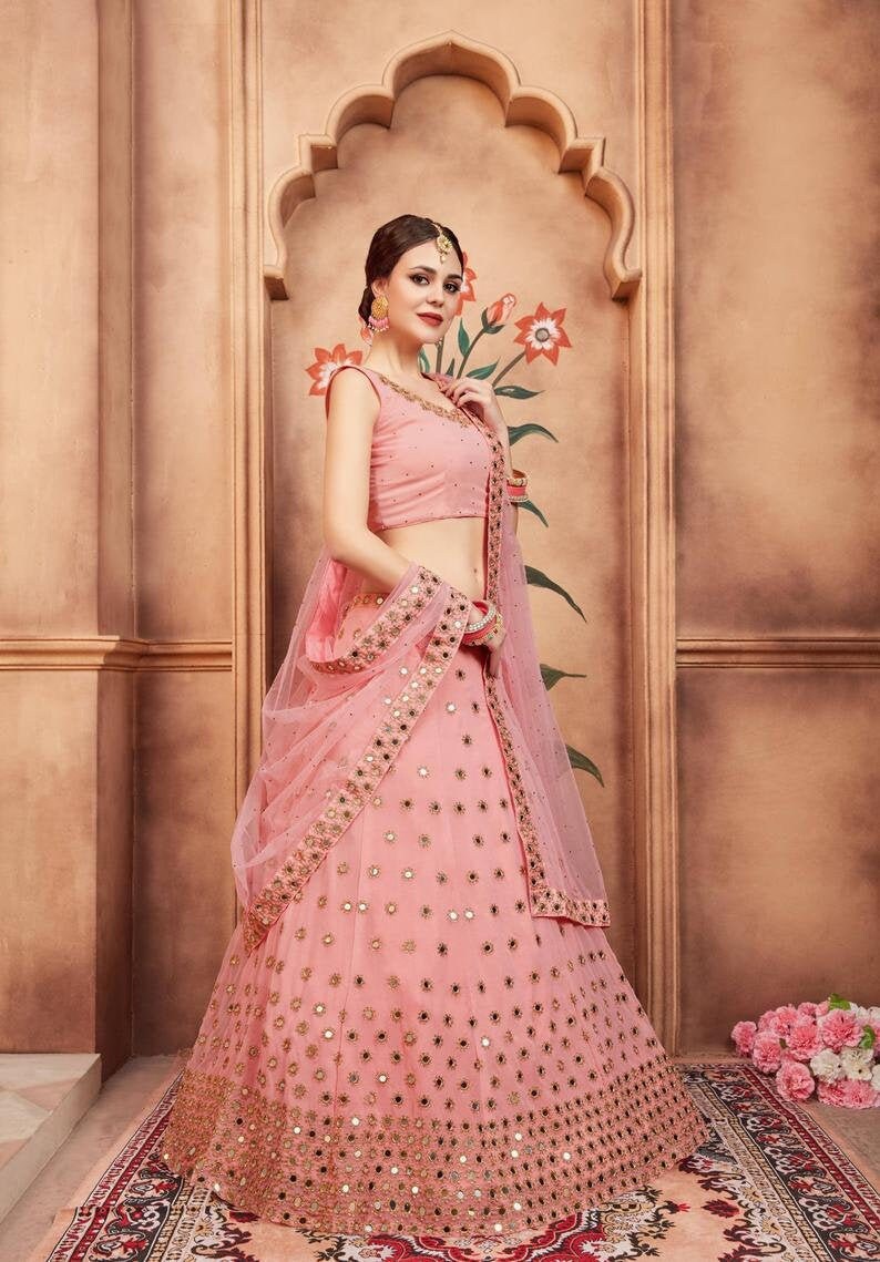 peach mirror work lehenga