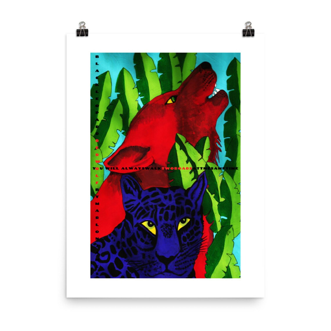 Original Art Enhanced Matte Print black Leopard Red Wolf by the