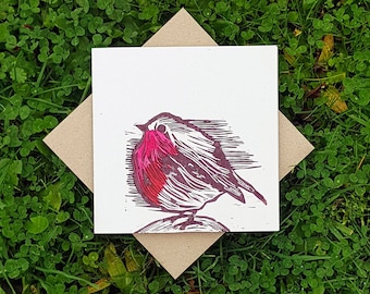 Handpainted Lino Print Robin Christmas Card: Festive Block Print Art