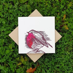 Robin kerstkaart, feestelijke kaart, blokprint, handgedrukte kunst, reliëfdruk, aquarel kerstkaart, handgemaakte kerstkaarten