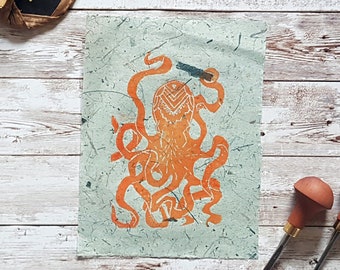 Octopus Lino Print: Handprinted Marine Animal Art on Thai Mulberry Paper