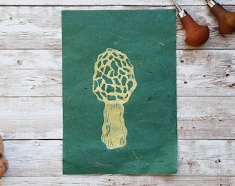 Morel Mushroom Print: Handmade Lino Art on Thai Mulberry Paper