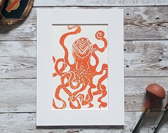 Octopus Lino Print: Handprinted Relief Art, 6x4" Mounted