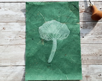 Champignon Mushroom Lino Print: Handmade Thai Paper Art