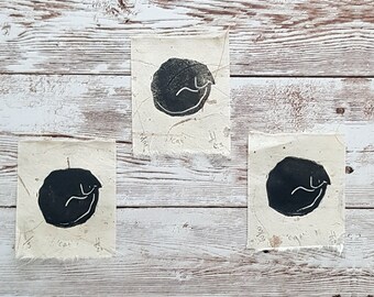 Black Cat Lino Print: Sleepy Kitty Block Print on Thai Mulberry Paper