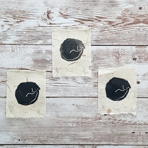 Black Cat Lino Print: Sleepy Kitty Block Print on Thai Mulberry Paper