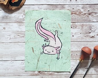Axolotl Print, Reduction Lino Print, Lino Art, Linocut Art, Limited Edition Print, Sea Creature Prints, Small Artwork, Axolotl Gift