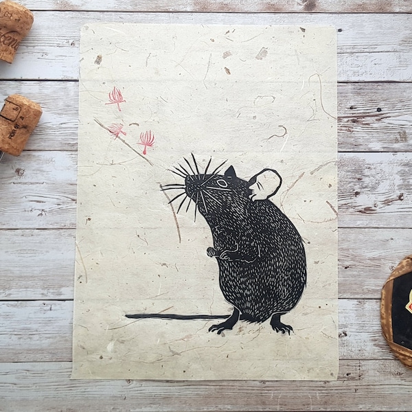 Mouse Lino Print, British Wildlife Prints, Block Print, Handprinted Art, Relief Print, Mouse Illustration, Woodland Animals, Mouse Gifts